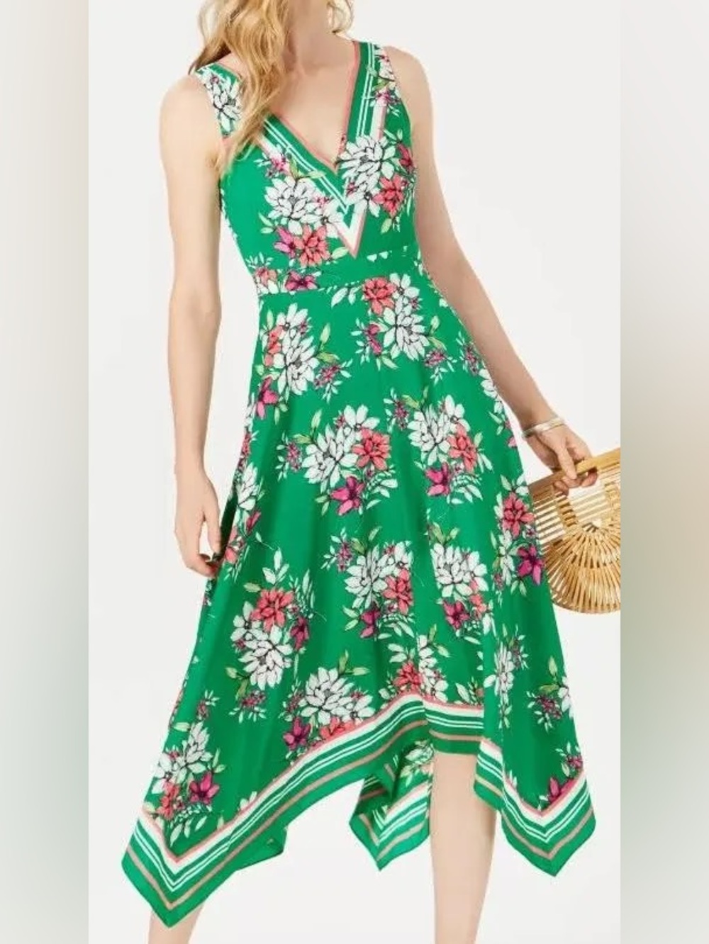 Vince Camuto Green Floral V-Neck Handkerchief Midi Dress Size 10 Wedding Guest